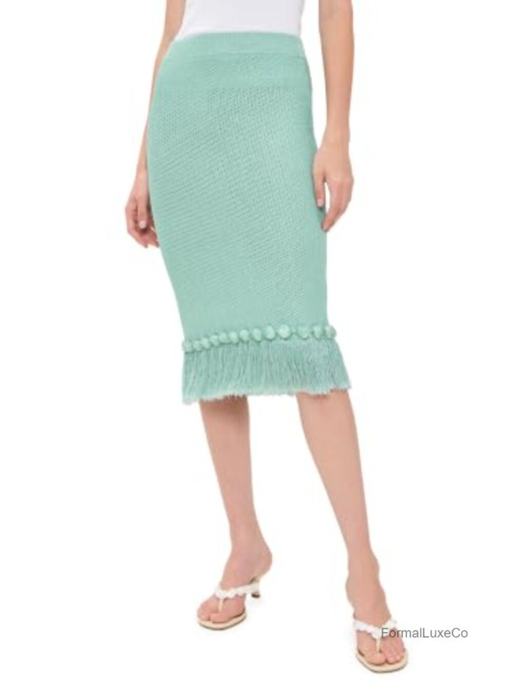 Lightweight Stretch Knit Midi Skirt with Fringe Trim